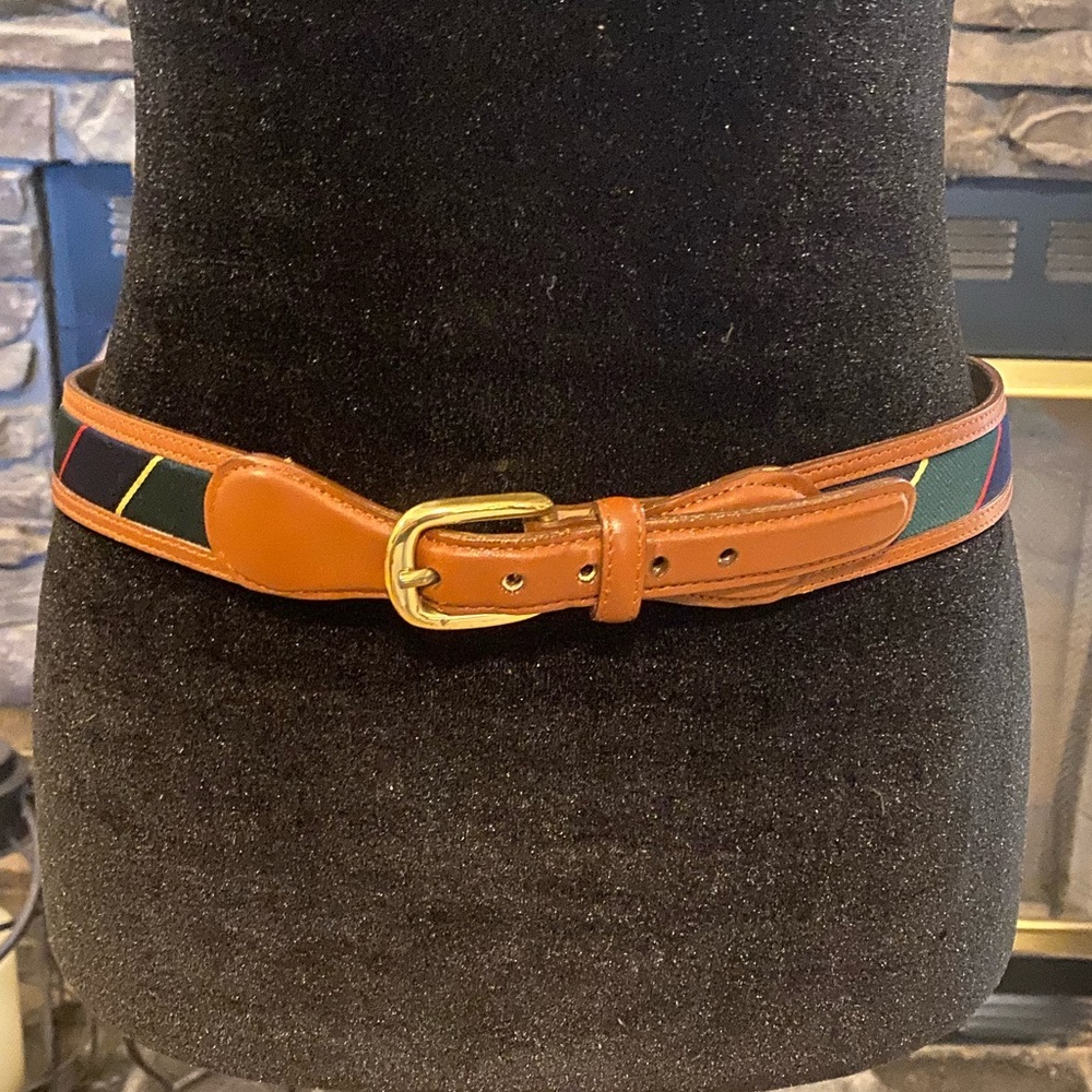 Lands' End Brown Leather-Trim Belt with Navy, Green & Red Stripes
